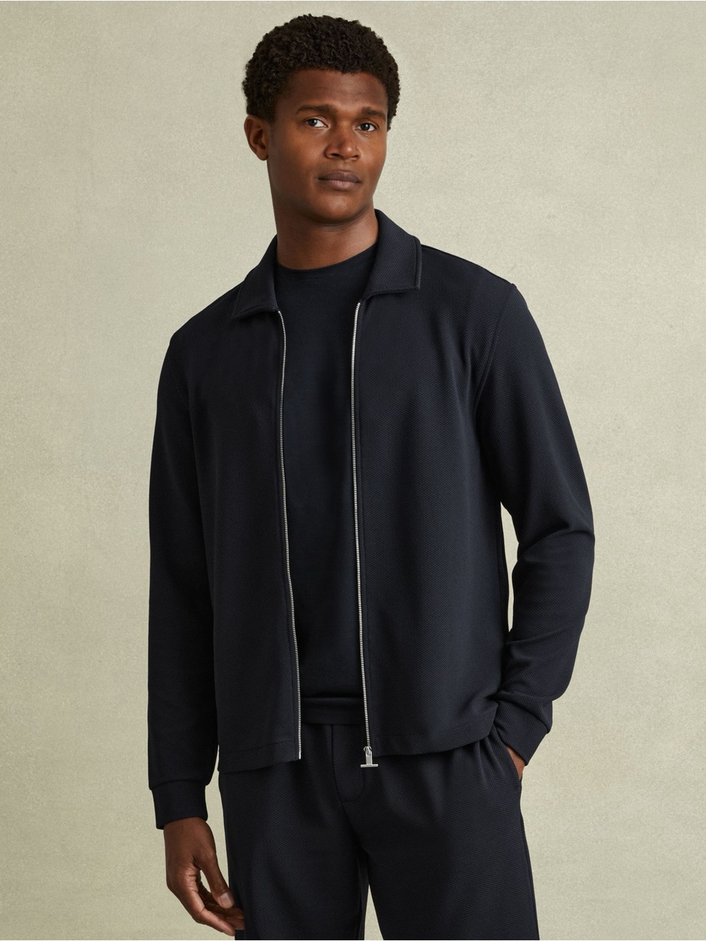 NWT Reiss Mens Hudson Textured Zip Through Overshirt in Navy Size Medium